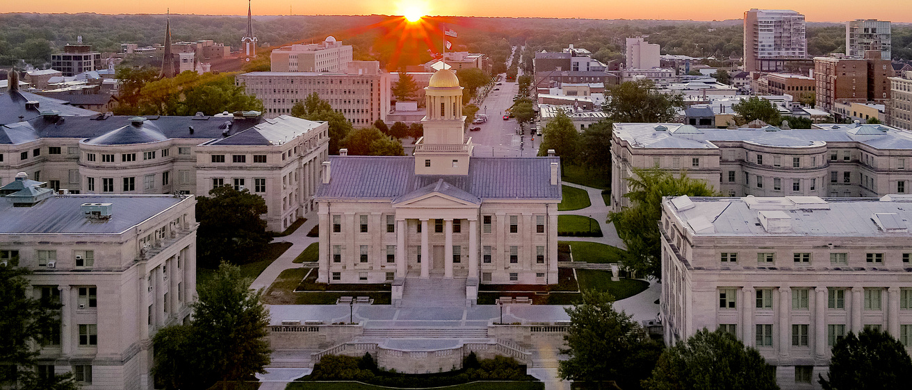 Old Capitol and downtown Iowa City at sunrise