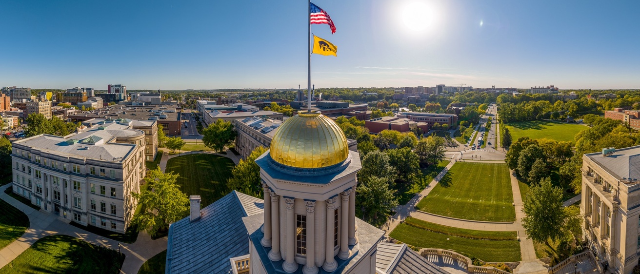 Drone view of the University of Iowa Pentacrest